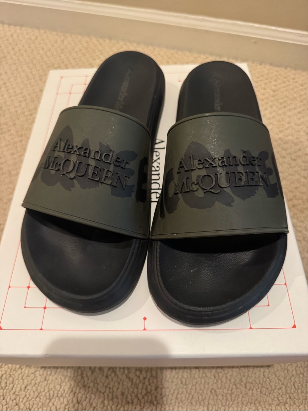 Authentic Alexander McQueen Olive Green and Black Logo Slides